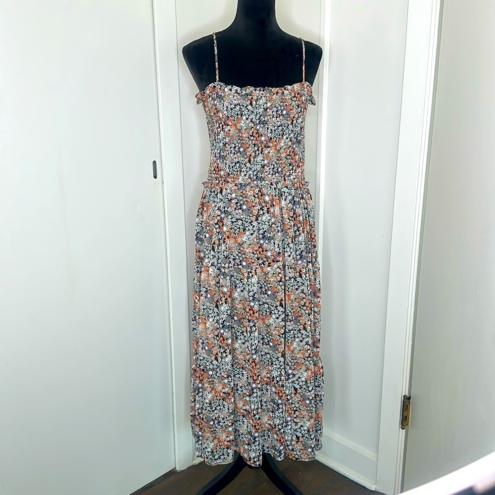 Entro floral smocked top spaghetti strap full skirt midi dress size L